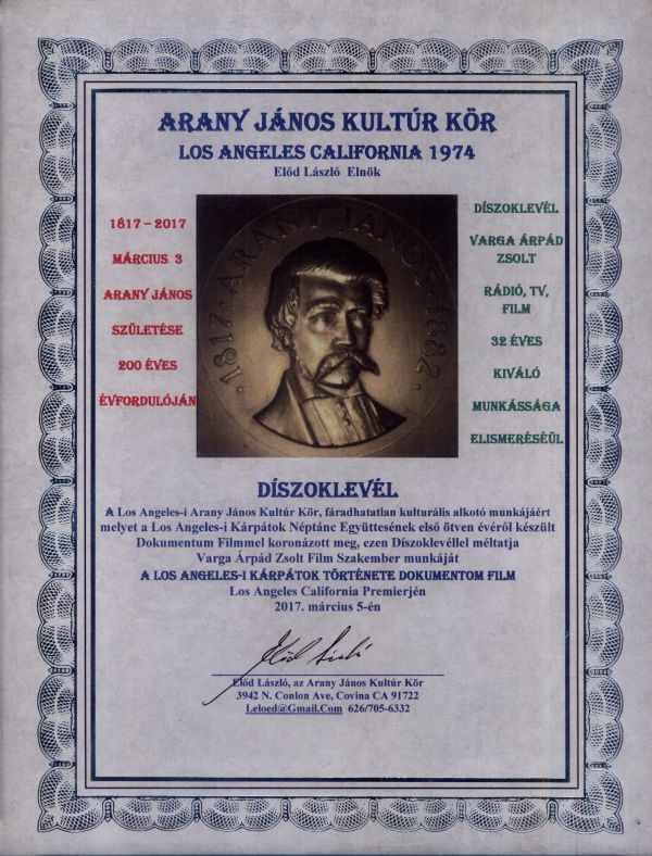 Díszoklevél Los Angeles Arany János Kulturkör